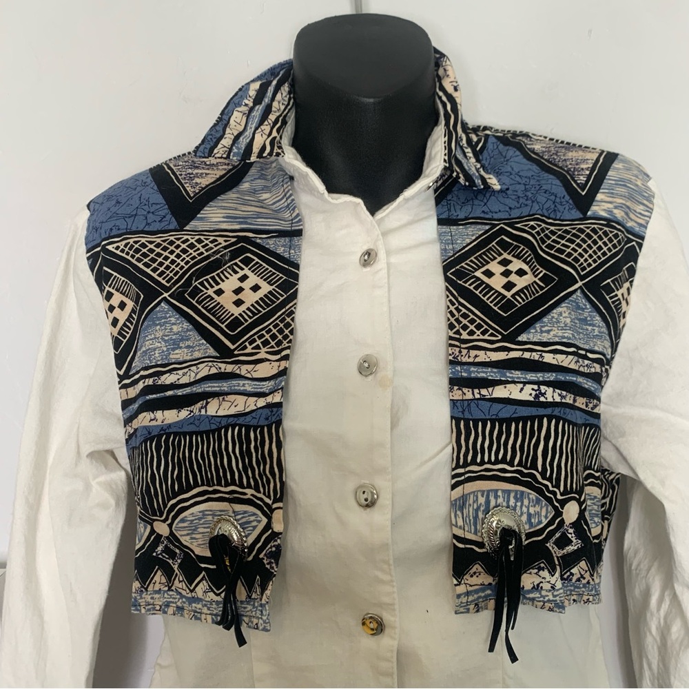 Vintage Roughrider Western Fringe Cropped Button Up Shirt Blue Black Small - Picture 5 of 14